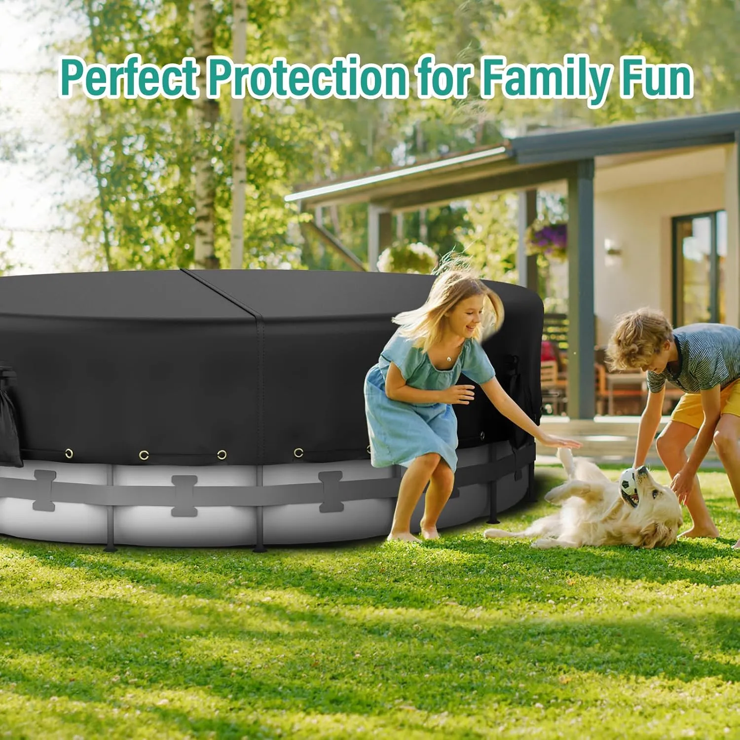 Round Pool Cover, 600D Oxford Cloth Pool Covers for Above Ground Pools, Pool Solar Cover W/4 Weight sandbags, Waterproof Dustproof Swimming Stock Tank Pool Protector (Black, 18 FT)