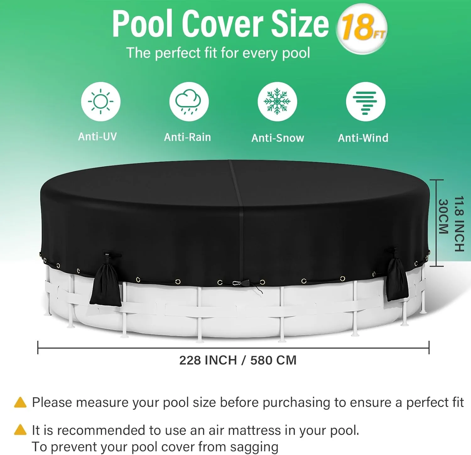 Round Pool Cover, 600D Oxford Cloth Pool Covers for Above Ground Pools, Pool Solar Cover W/4 Weight sandbags, Waterproof Dustproof Swimming Stock Tank Pool Protector (Black, 18 FT)