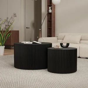 Round Wood Coffee Table Set of 2 Modern Circle Nesting Coffee Table Handcrafted Drum Nesting Table Nesting Coffee Tables for Living Room for Small Space (Black (D18.9 D14.8 inch))