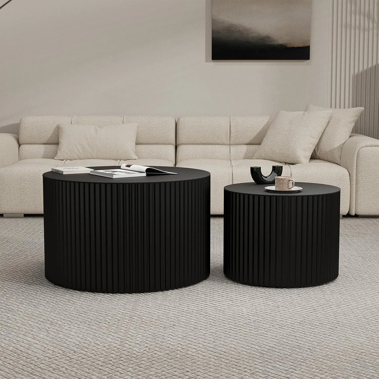 Round Wood Coffee Table Set of 2 Modern Circle Nesting Coffee Table Handcrafted Drum Nesting Table Nesting Coffee Tables for Living Room for Small Space (Black (D18.9 D14.8 inch))
