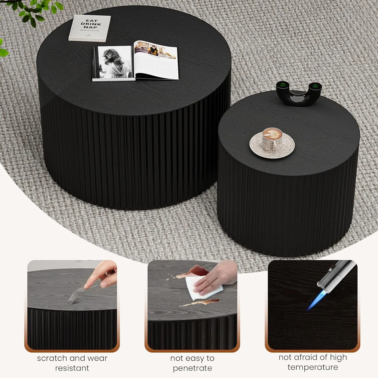 Round Wood Coffee Table Set of 2 Modern Circle Nesting Coffee Table Handcrafted Drum Nesting Table Nesting Coffee Tables for Living Room for Small Space (Black (D18.9 D14.8 inch))