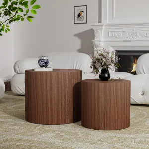 Round Wood Coffee Table Set of 2 Modern Circle Nesting Coffee Table Handcrafted Drum Nesting Table Nesting Coffee Tables for Living Room for Small Space (Dark Wood (D18.2 D14.6 inch))