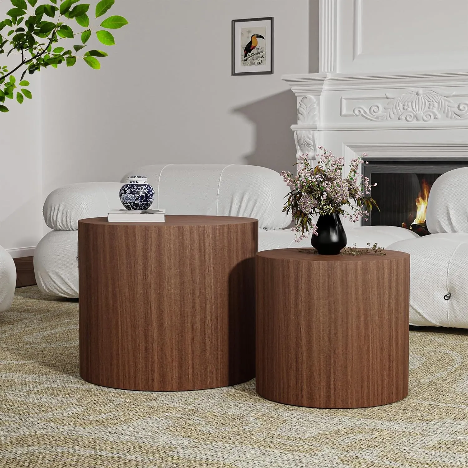 Round Wood Coffee Table Set of 2 Modern Circle Nesting Coffee Table Handcrafted Drum Nesting Table Nesting Coffee Tables for Living Room for Small Space (Dark Wood (D18.2 D14.6 inch))