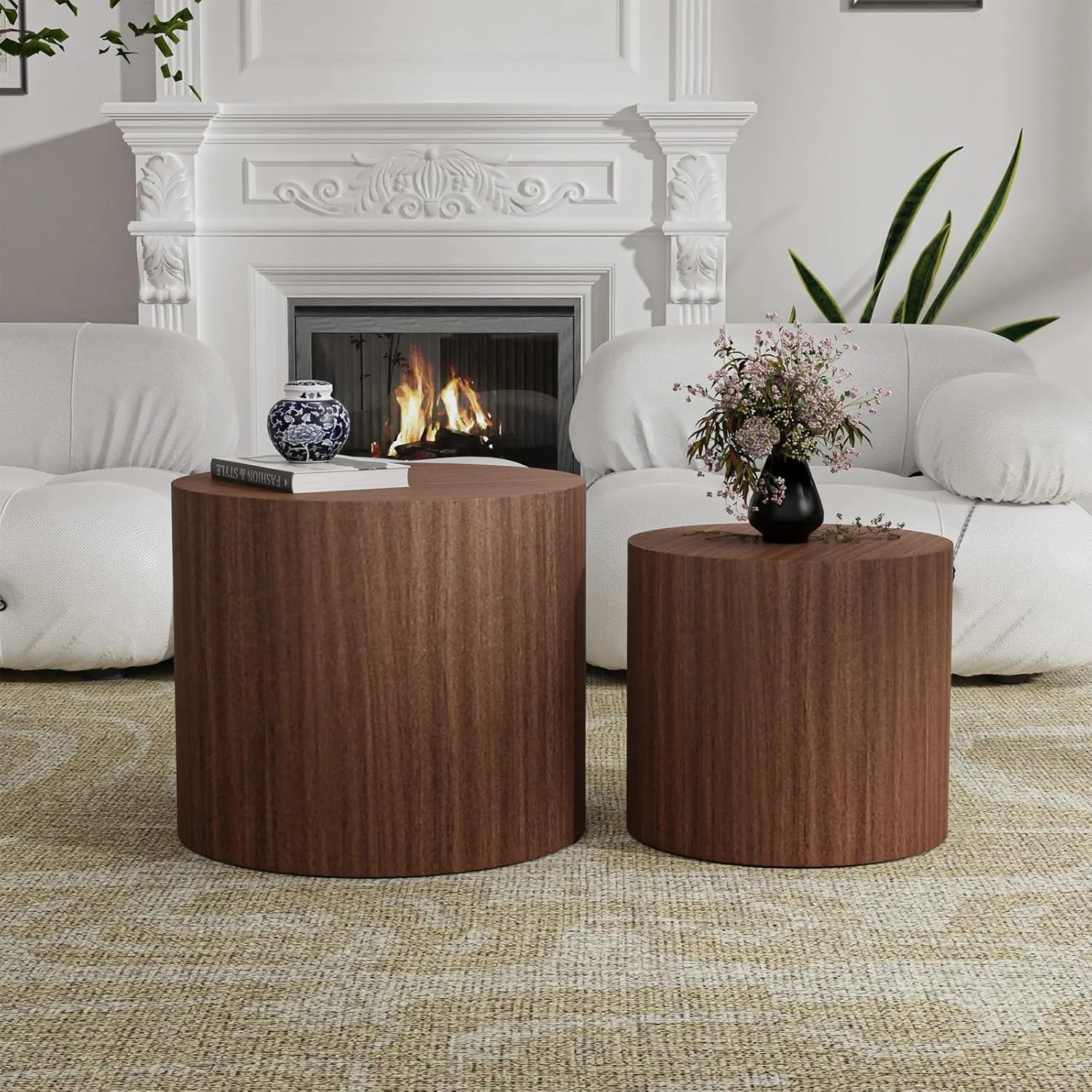 Round Wood Coffee Table Set of 2 Modern Circle Nesting Coffee Table Handcrafted Drum Nesting Table Nesting Coffee Tables for Living Room for Small Space (Dark Wood (D18.2 D14.6 inch))