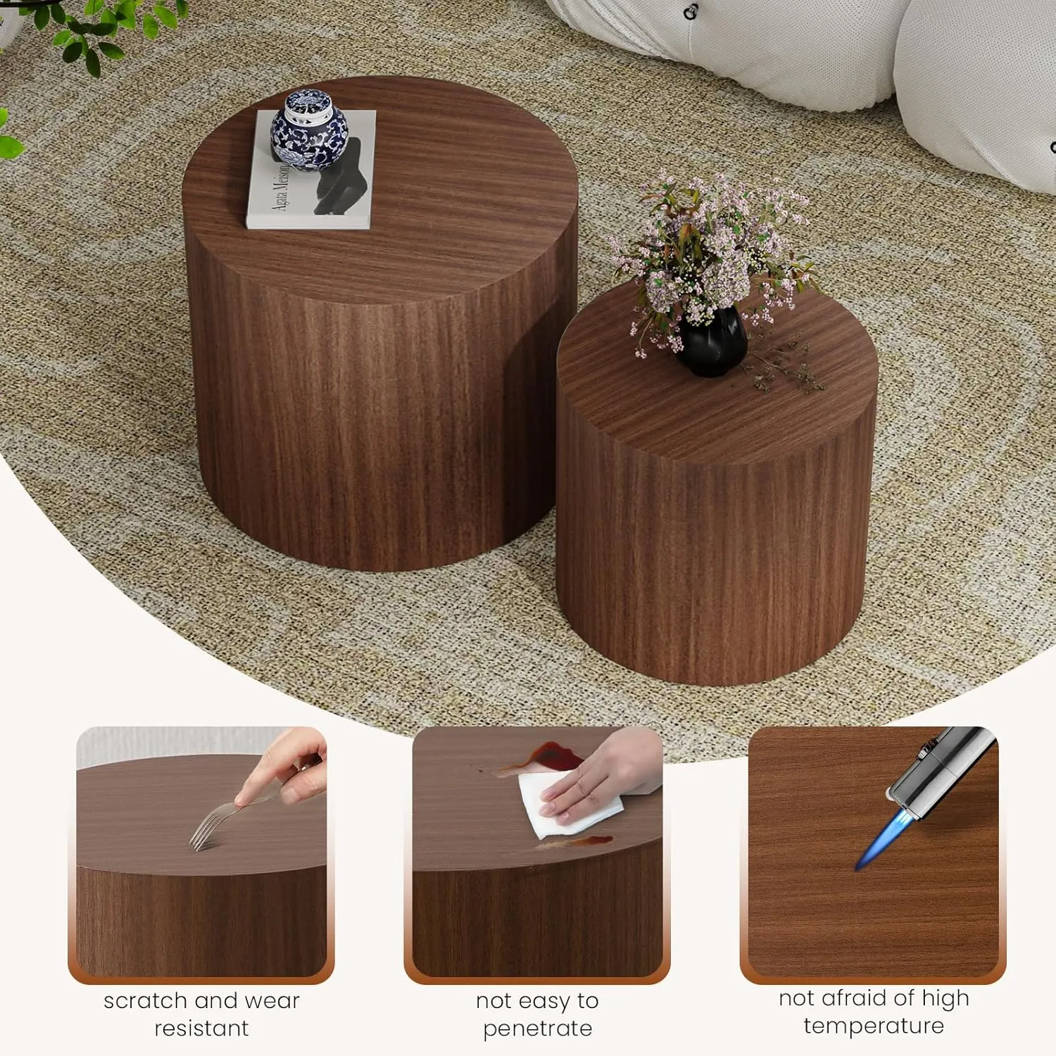 Round Wood Coffee Table Set of 2 Modern Circle Nesting Coffee Table Handcrafted Drum Nesting Table Nesting Coffee Tables for Living Room for Small Space (Dark Wood (D18.2 D14.6 inch))