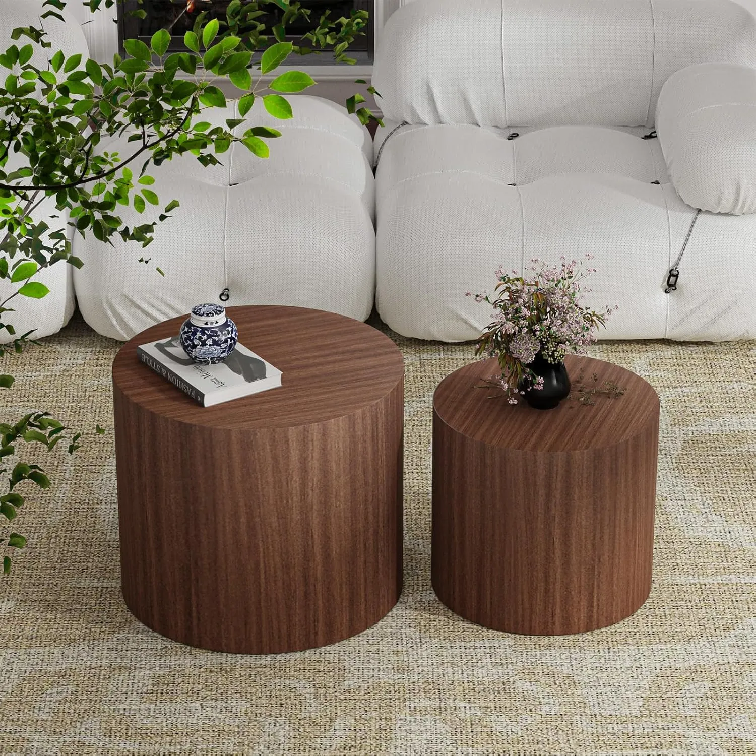Round Wood Coffee Table Set of 2 Modern Circle Nesting Coffee Table Handcrafted Drum Nesting Table Nesting Coffee Tables for Living Room for Small Space (Dark Wood (D18.2 D14.6 inch))