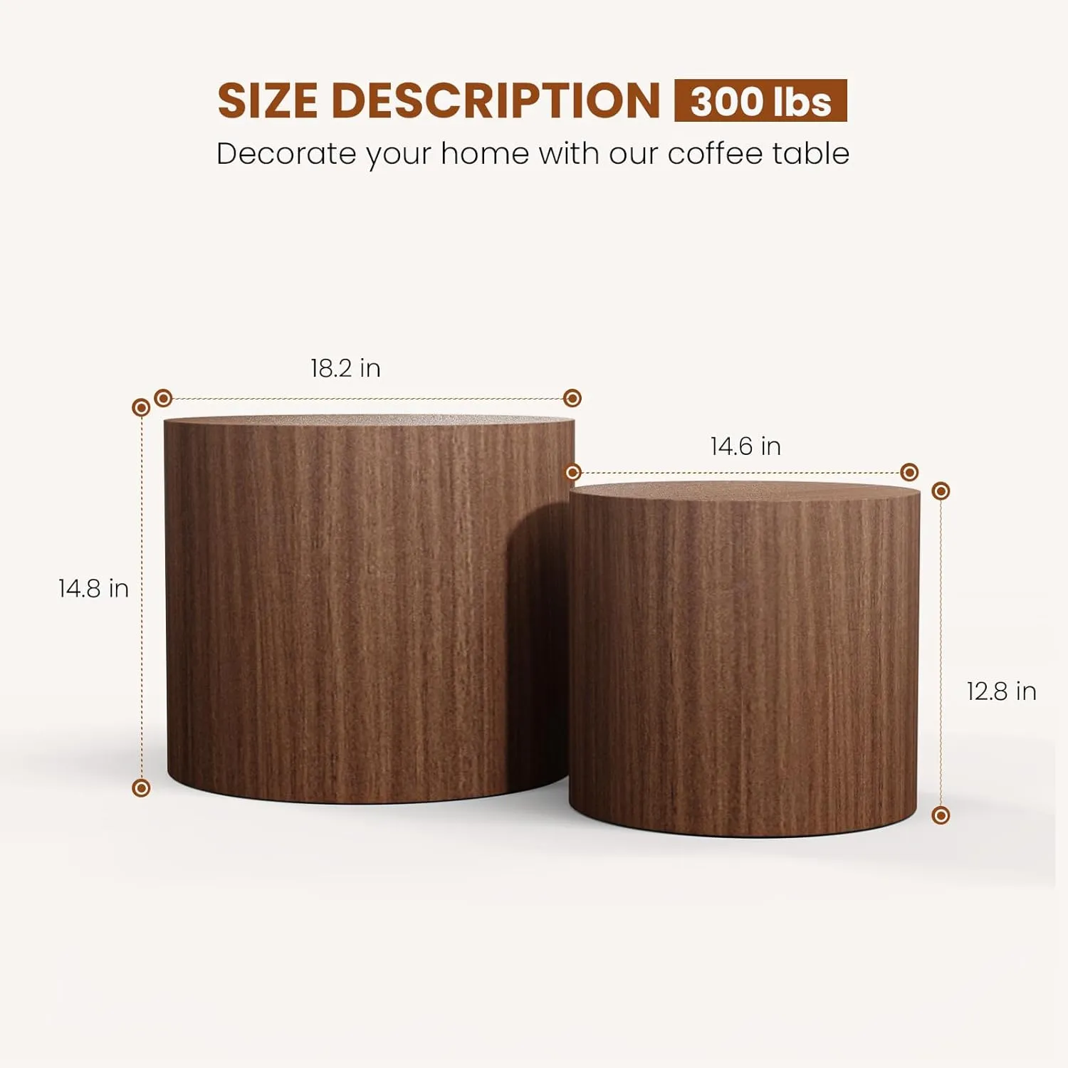 Round Wood Coffee Table Set of 2 Modern Circle Nesting Coffee Table Handcrafted Drum Nesting Table Nesting Coffee Tables for Living Room for Small Space (Dark Wood (D18.2 D14.6 inch))