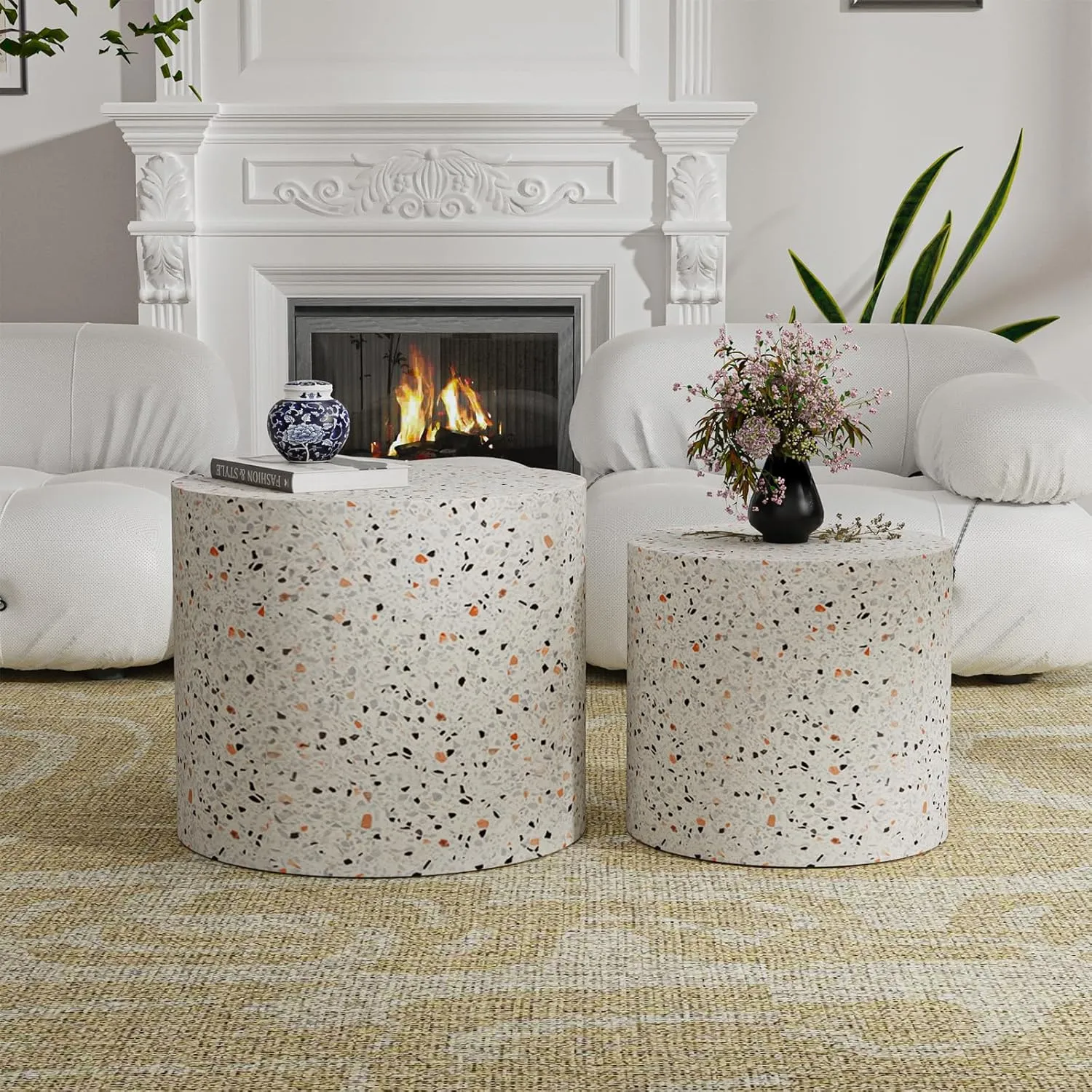 Round Wood Coffee Table Set of 2 Modern Circle Nesting Coffee Table Handcrafted Drum Nesting Table Nesting Coffee Tables for Living Room for Small Space (terrazzo (D18.2 D14.6 inch))