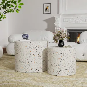 Round Wood Coffee Table Set of 2 Modern Circle Nesting Coffee Table Handcrafted Drum Nesting Table Nesting Coffee Tables for Living Room for Small Space (terrazzo (D18.2 D14.6 inch))