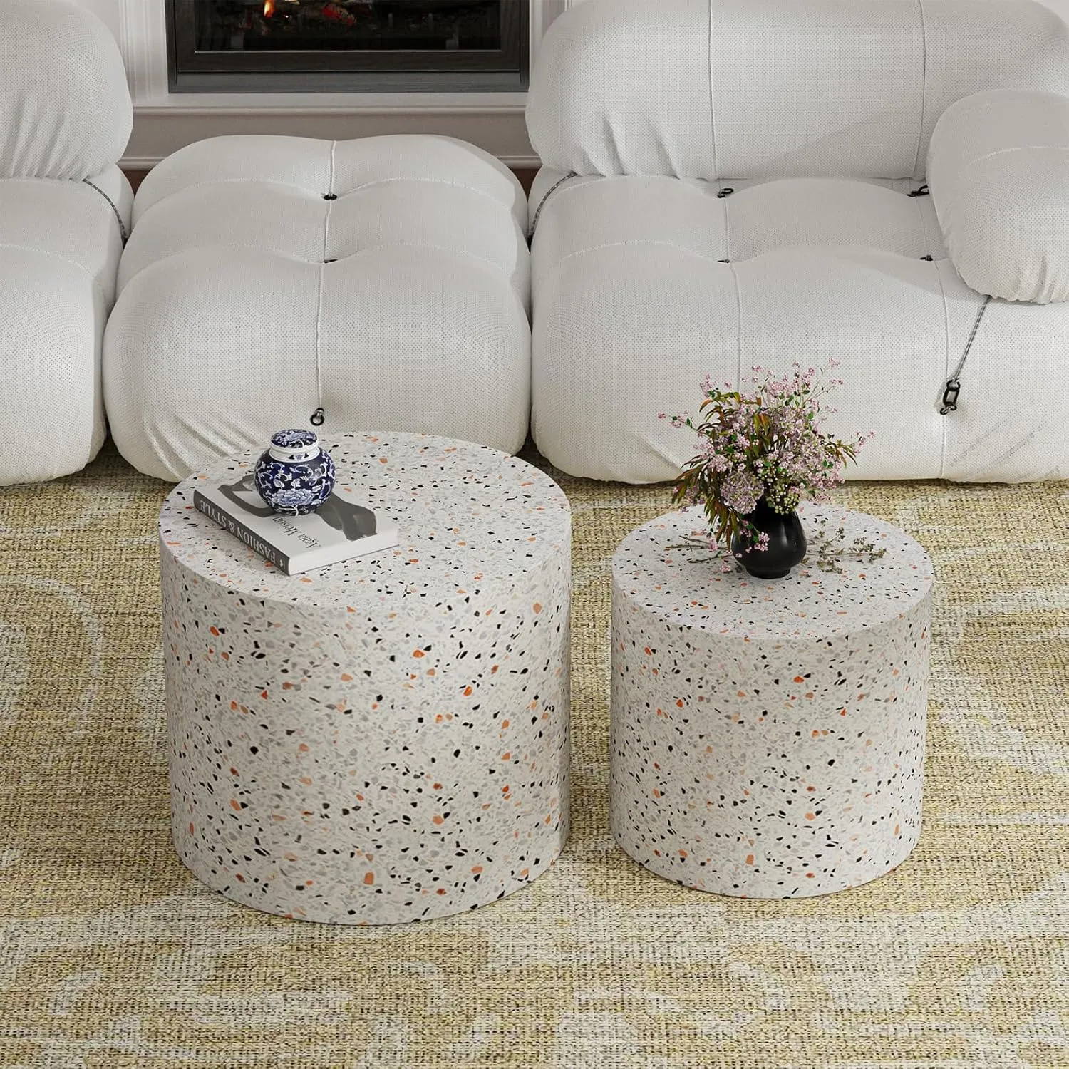 Round Wood Coffee Table Set of 2 Modern Circle Nesting Coffee Table Handcrafted Drum Nesting Table Nesting Coffee Tables for Living Room for Small Space (terrazzo (D18.2 D14.6 inch))