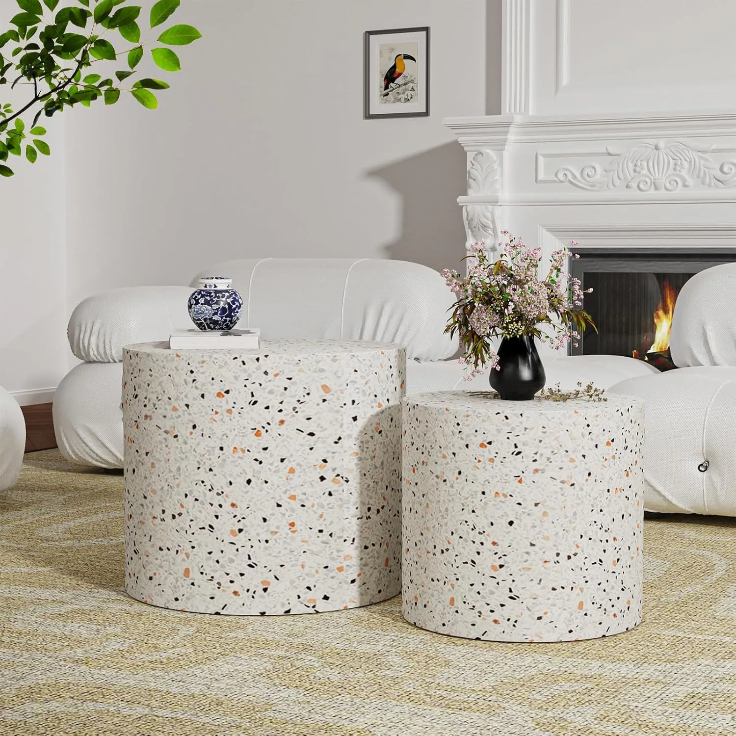Round Wood Coffee Table Set of 2 Modern Circle Nesting Coffee Table Handcrafted Drum Nesting Table Nesting Coffee Tables for Living Room for Small Space (terrazzo (D18.2 D14.6 inch))