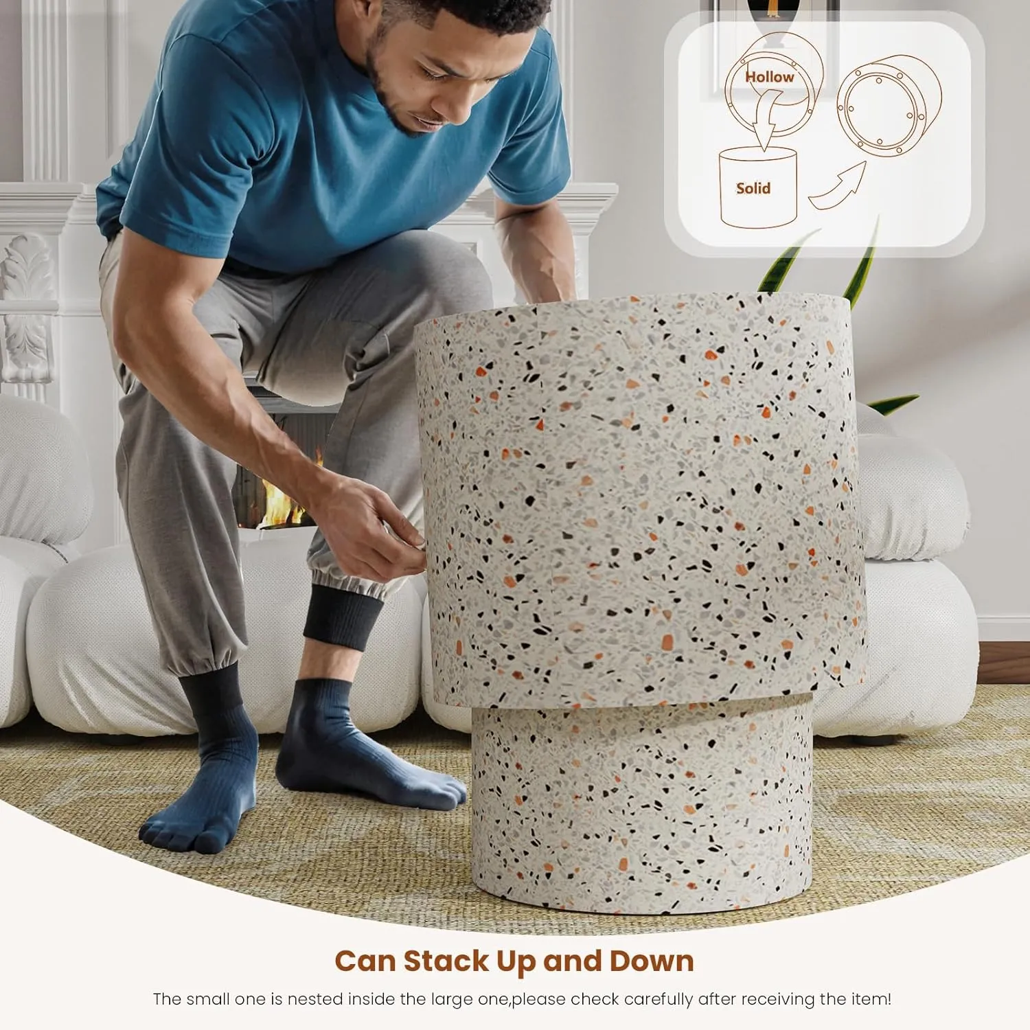 Round Wood Coffee Table Set of 2 Modern Circle Nesting Coffee Table Handcrafted Drum Nesting Table Nesting Coffee Tables for Living Room for Small Space (terrazzo (D18.2 D14.6 inch))