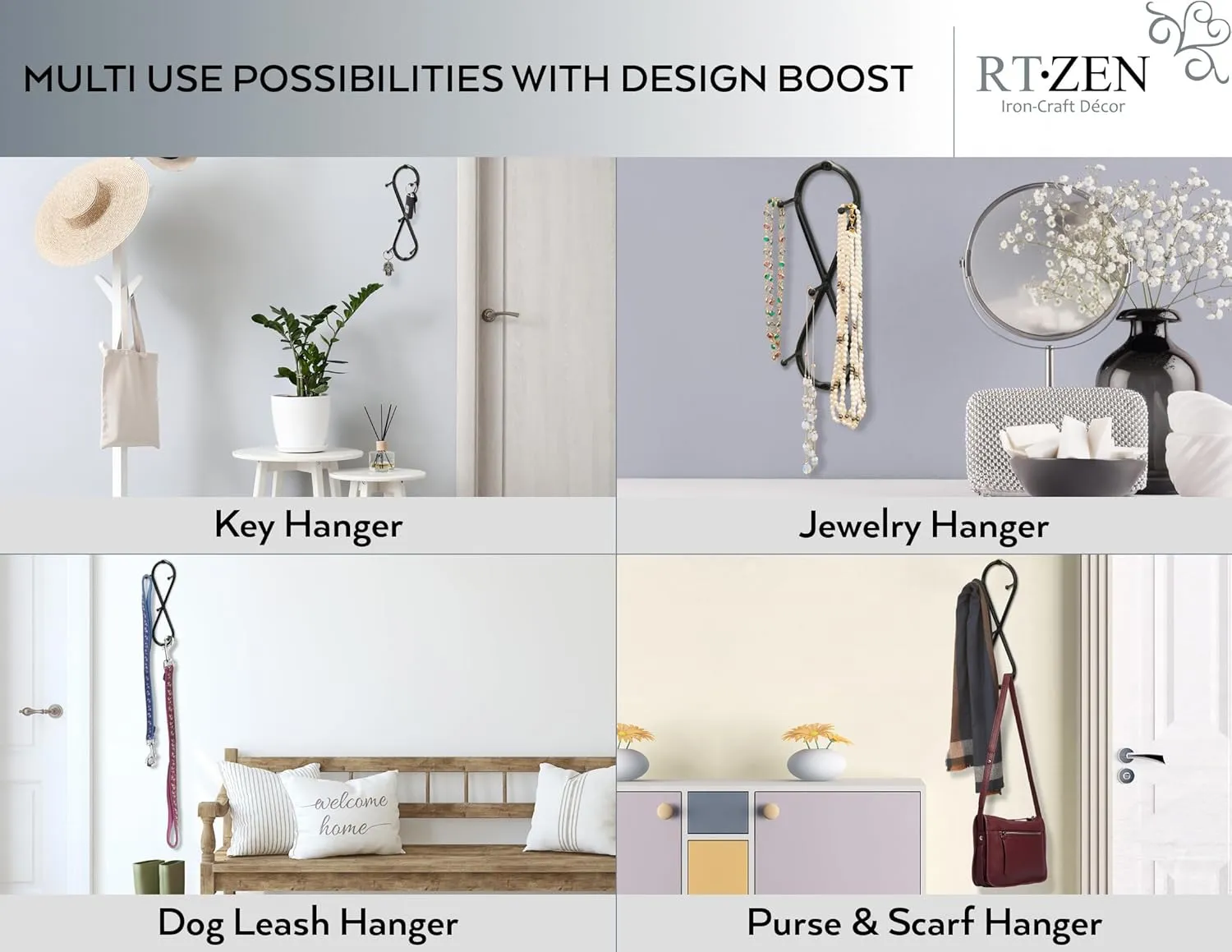 RTZEN Farmhouse Small Key Holder for Wall - Handcrafted Swirl Decorative 5 Key Hooks for Home Entryway - Wrought Iron Wall Mount Rack Purse Coat and Leash Holder or Organizer (Infinity Black)