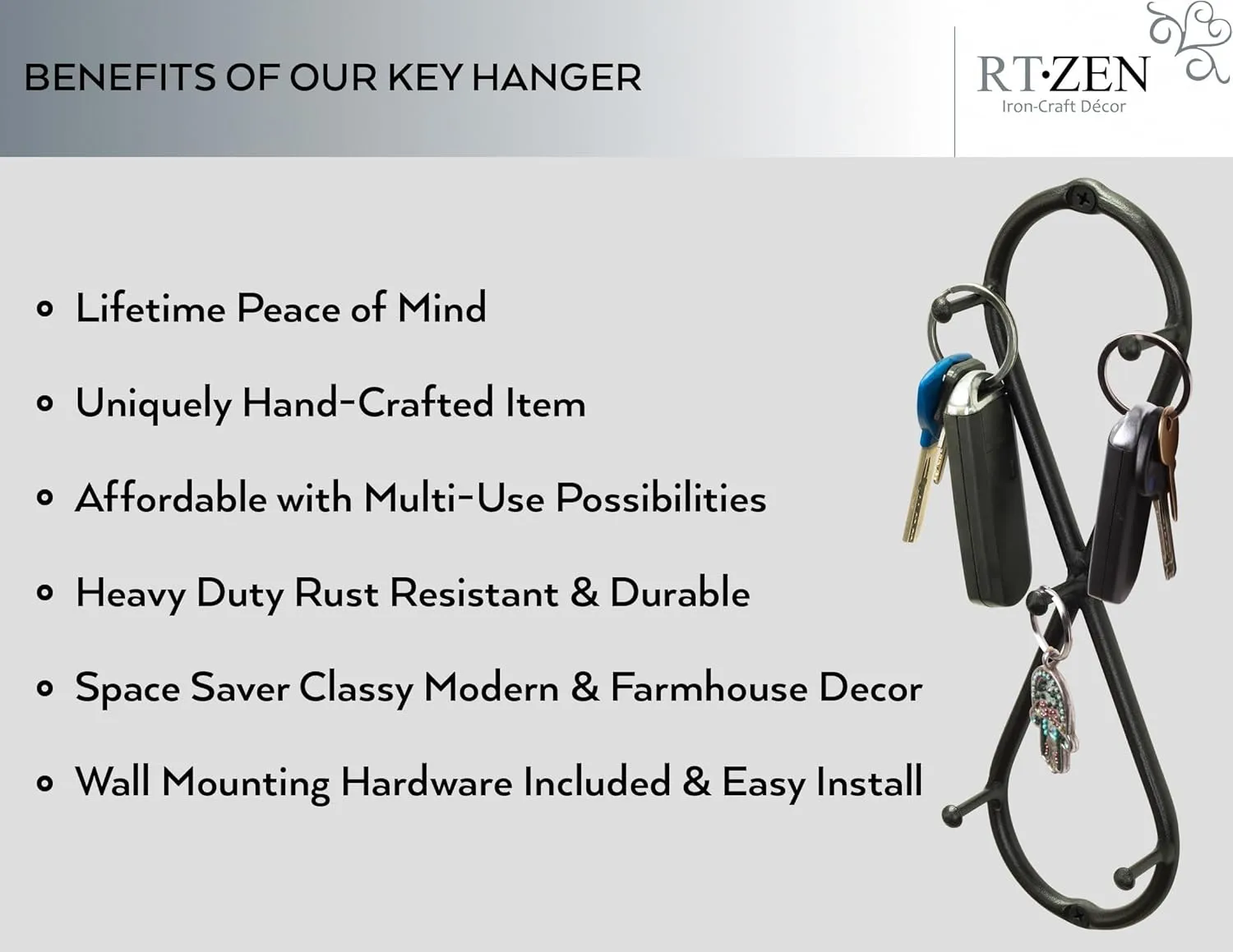 RTZEN Farmhouse Small Key Holder for Wall - Handcrafted Swirl Decorative 5 Key Hooks for Home Entryway - Wrought Iron Wall Mount Rack Purse Coat and Leash Holder or Organizer (Infinity Black)