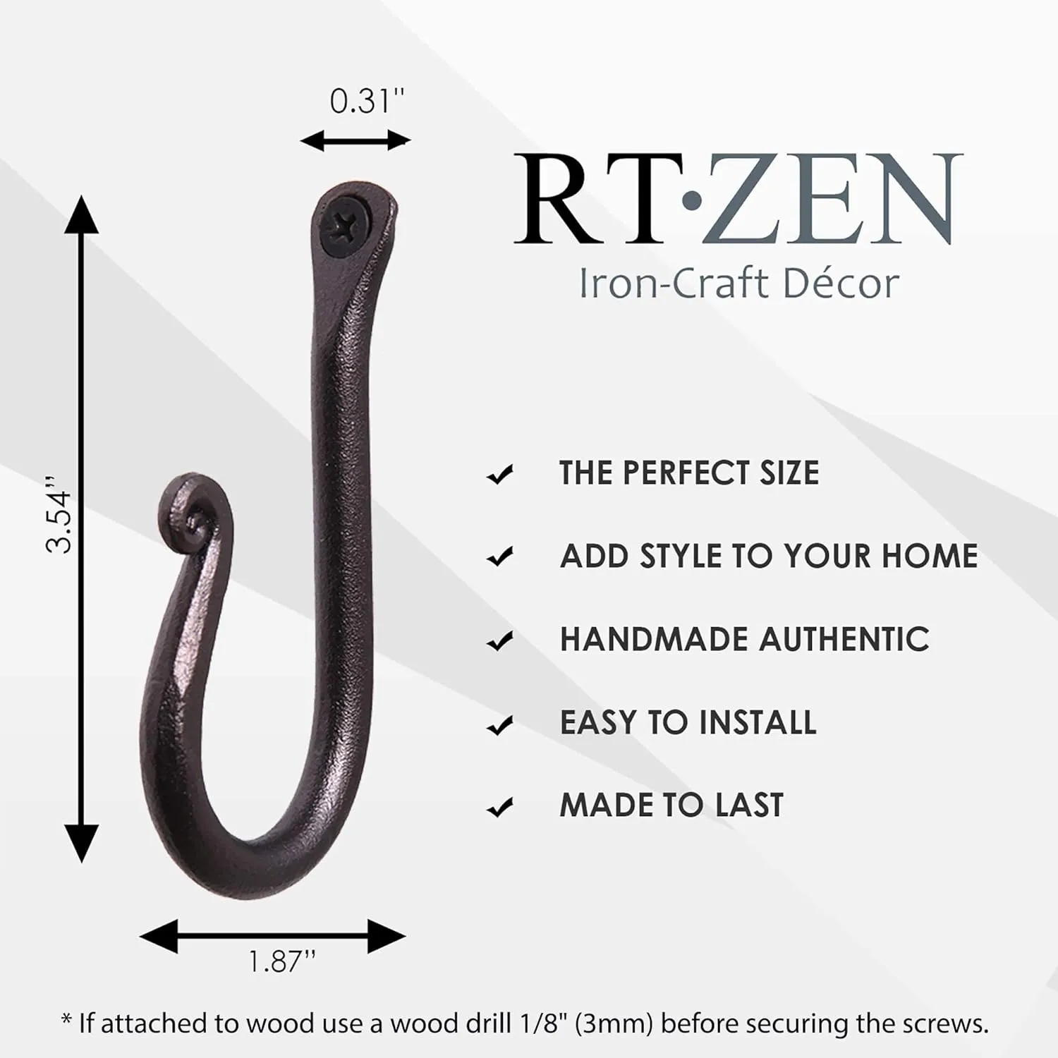 RTZEN Wall Mount Hook Set - Wrought Iron Decorative Rustic Metal Coat Hooks for Hanging - Handcrafted Classic Farmhouse Wall Mounted Black Hooks for Towel Robe or Hat Hanging - 3 Pack