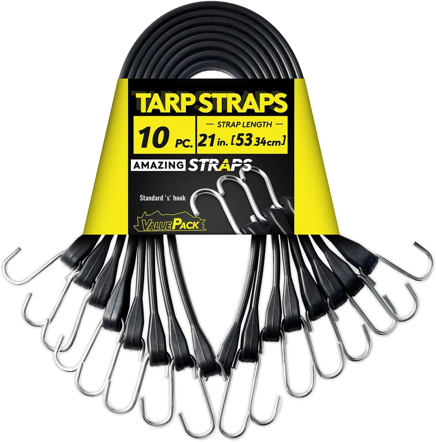 Rubber Bungee Cords Heavy Duty Outdoor with 1.8X Max Stretch & Over 176 lbs Load, 100% EPDM Black Bungee Straps with Standard S Hooks for Cargo, Tarps, Van, Truck, Motorcycle, Weatherproof (10 Pack)