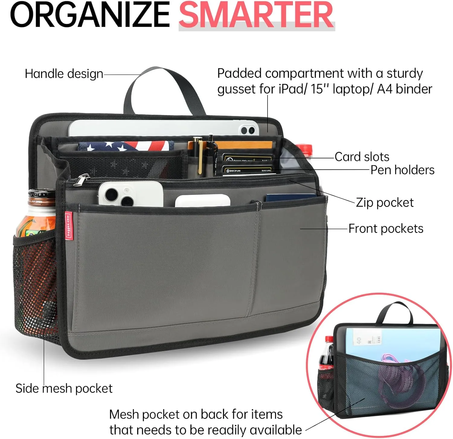 Rugged Organizer Insert for Briefcase Tote Shoulder Messenger Bag - 20 Pockets,Durable Padded Nylon,Handle(Large,Grey)