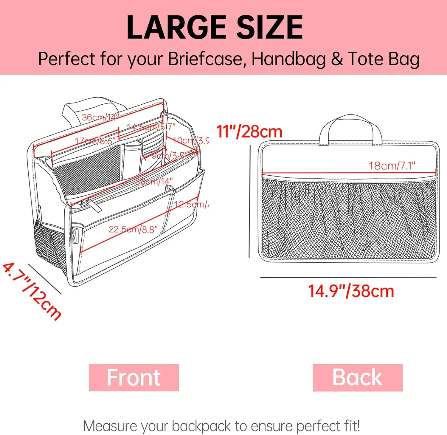 Rugged Organizer Insert for Briefcase Tote Shoulder Messenger Bag - 20 Pockets,Durable Padded Nylon,Handle(Large,Grey)