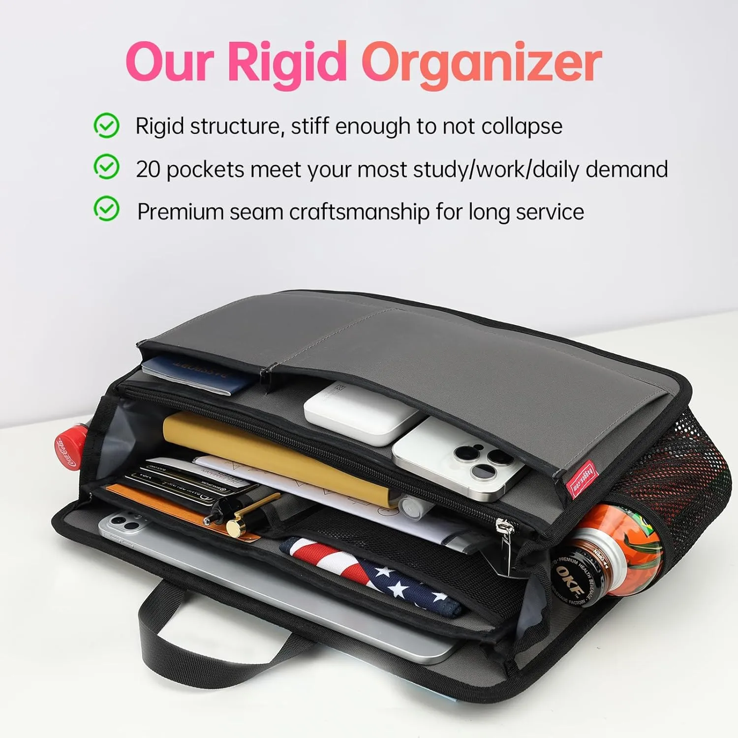 Rugged Organizer Insert for Briefcase Tote Shoulder Messenger Bag - 20 Pockets,Durable Padded Nylon,Handle(Large,Grey)