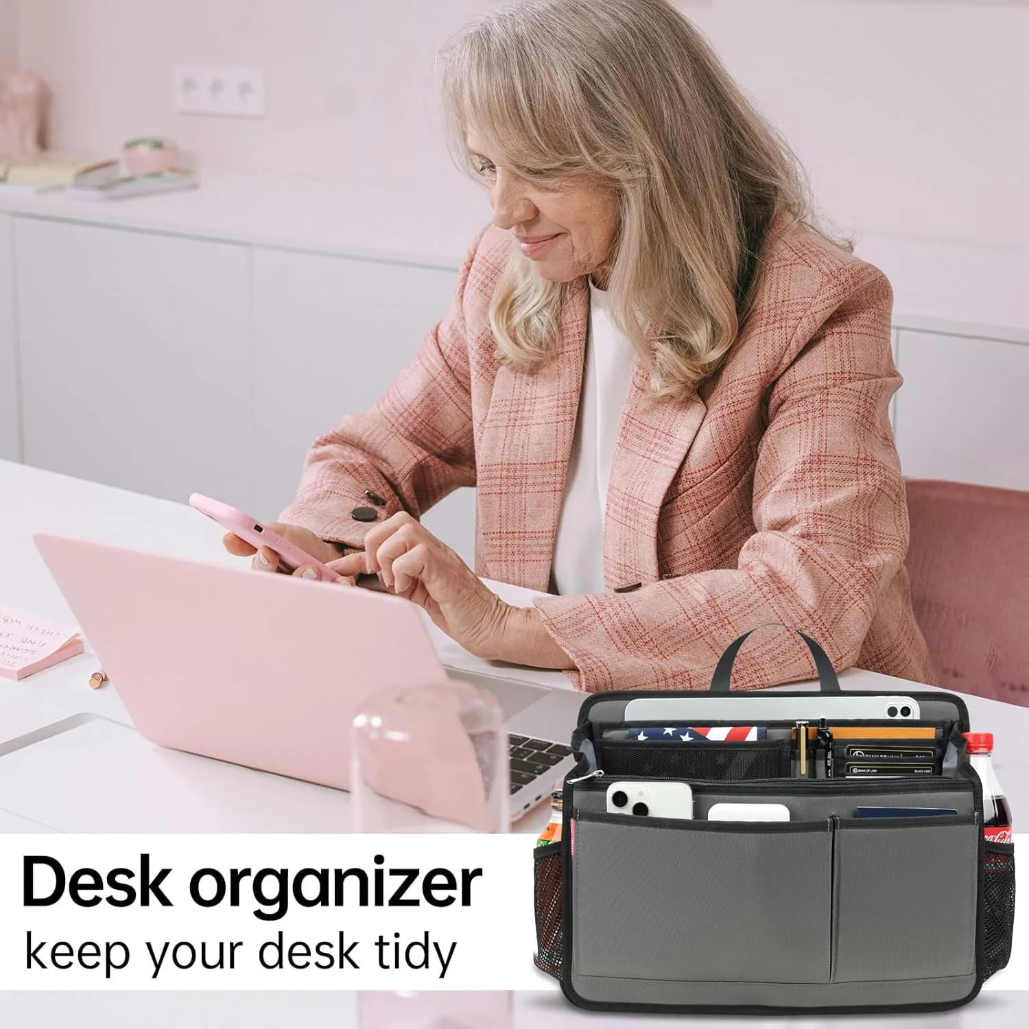 Rugged Organizer Insert for Briefcase Tote Shoulder Messenger Bag - 20 Pockets,Durable Padded Nylon,Handle(Large,Grey)