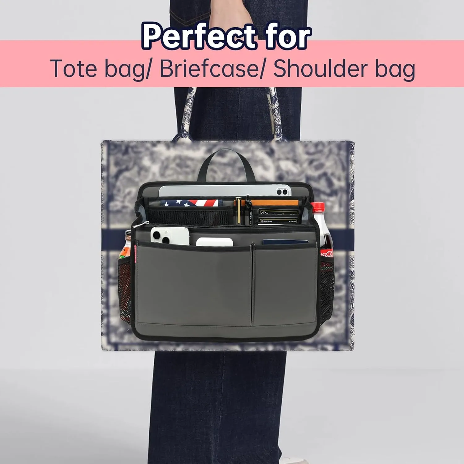 Rugged Organizer Insert for Briefcase Tote Shoulder Messenger Bag - 20 Pockets,Durable Padded Nylon,Handle(Large,Grey)