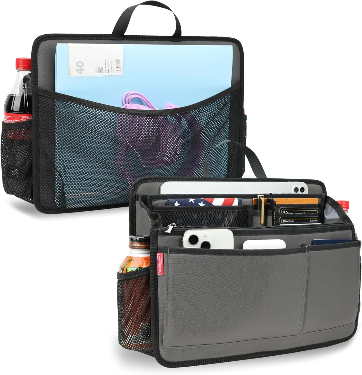 Rugged Organizer Insert for Briefcase Tote Shoulder Messenger Bag - 20 Pockets,Durable Padded Nylon,Handle(Large,Grey)