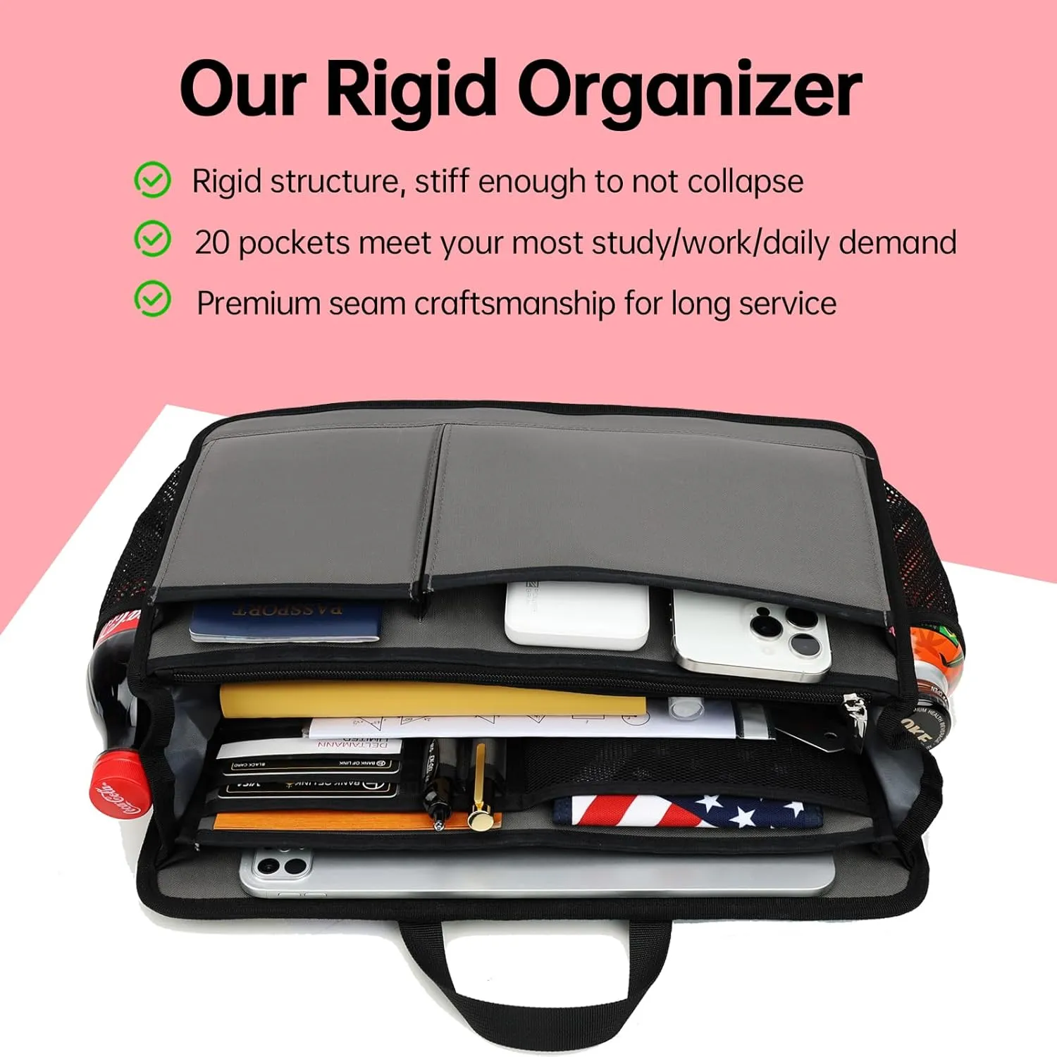 Rugged Organizer Insert for Briefcase Tote Shoulder Messenger Bag - 20 Pockets,Durable Padded Nylon,Handle(Large,Navy)