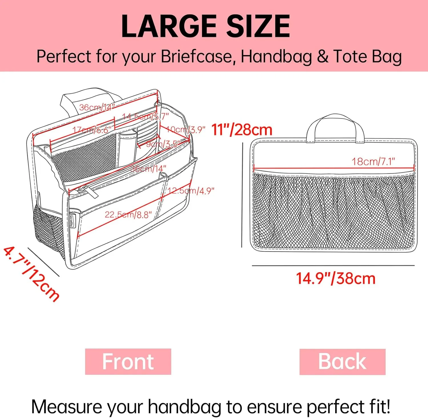Rugged Organizer Insert for Briefcase Tote Shoulder Messenger Bag - 20 Pockets,Durable Padded Nylon,Handle(Large,Purple)