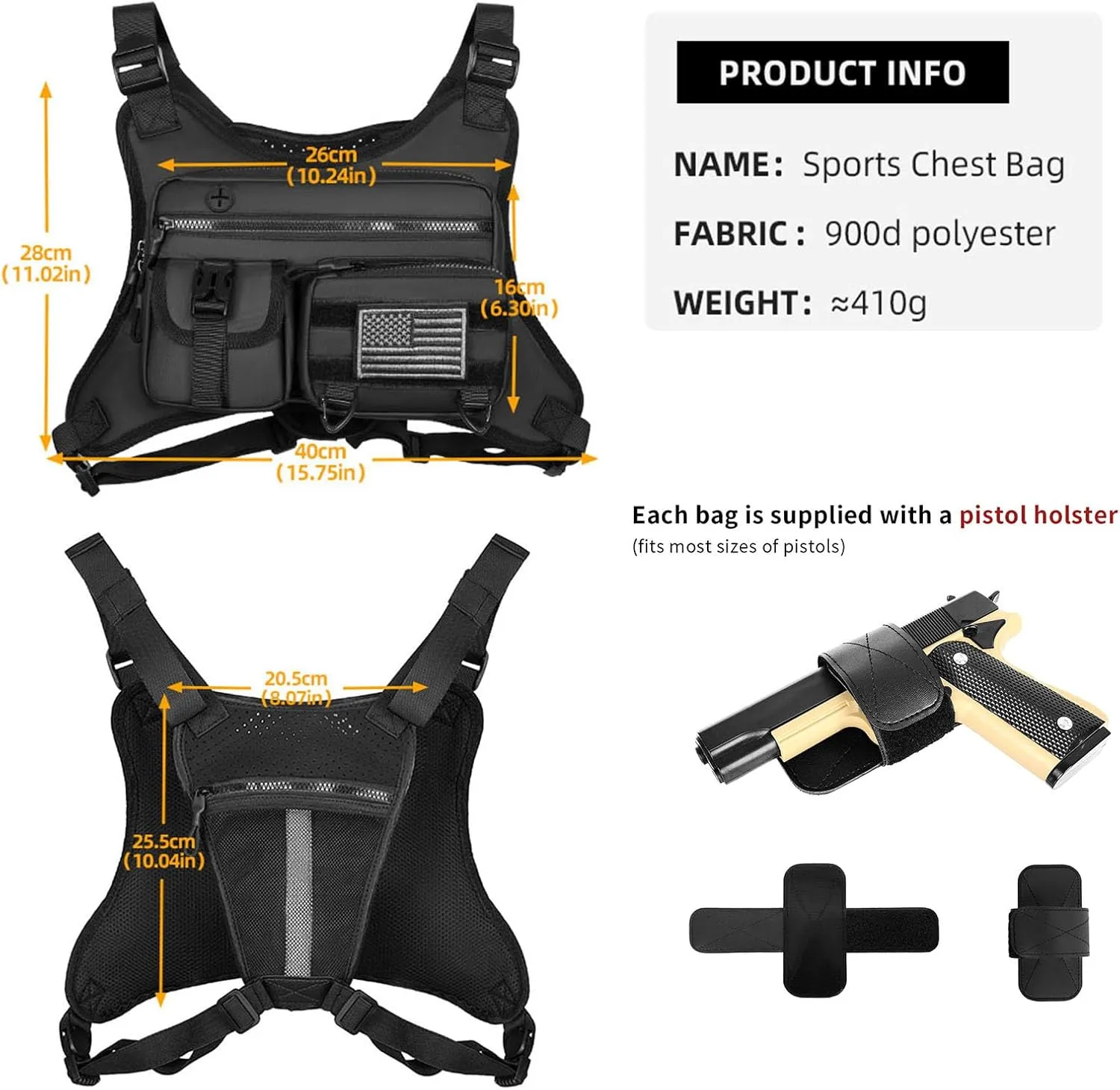 Running Chest Bag Tactical Running Vest with Pistol Holster Versatile Motorcycle Chest Pouch CCW Chest Pack