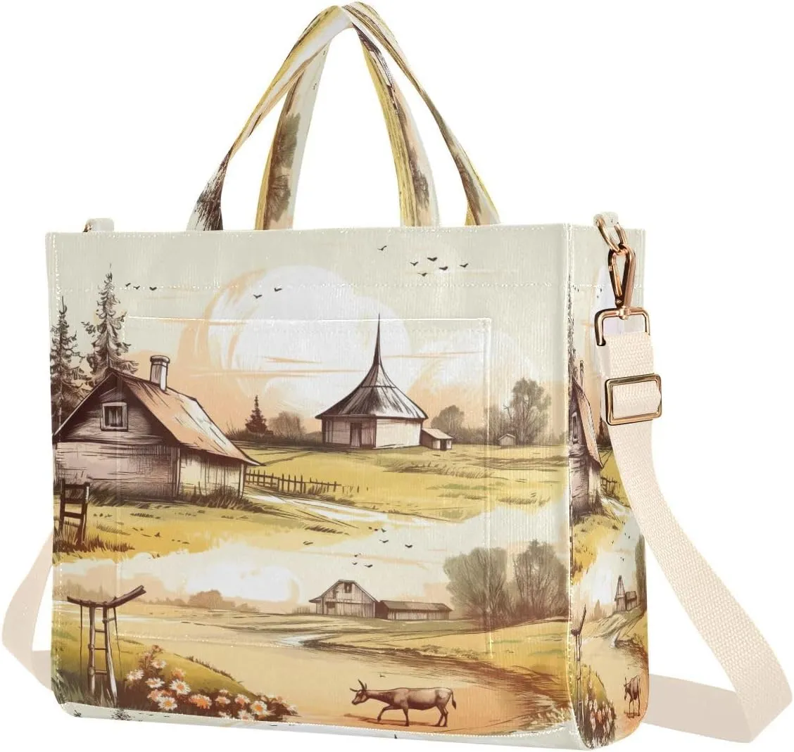Rustic Farmhouse Village Corduroy Tote Bag for Women Hobo Crossbody Bag Purse Stylish Shoulder Handbag Messenger Bags, S