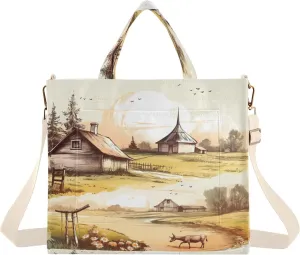 Rustic Farmhouse Village Corduroy Tote Bag for Women Hobo Crossbody Bag Purse Stylish Shoulder Handbag Messenger Bags, S