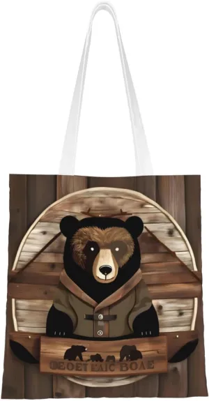 Rustic Lodge Bear Pattern Double Sided Canvas Tote Bag, Reusable Grocery Shopping Bag, Carry or Shoulder ï¼Œ15x16.5 in