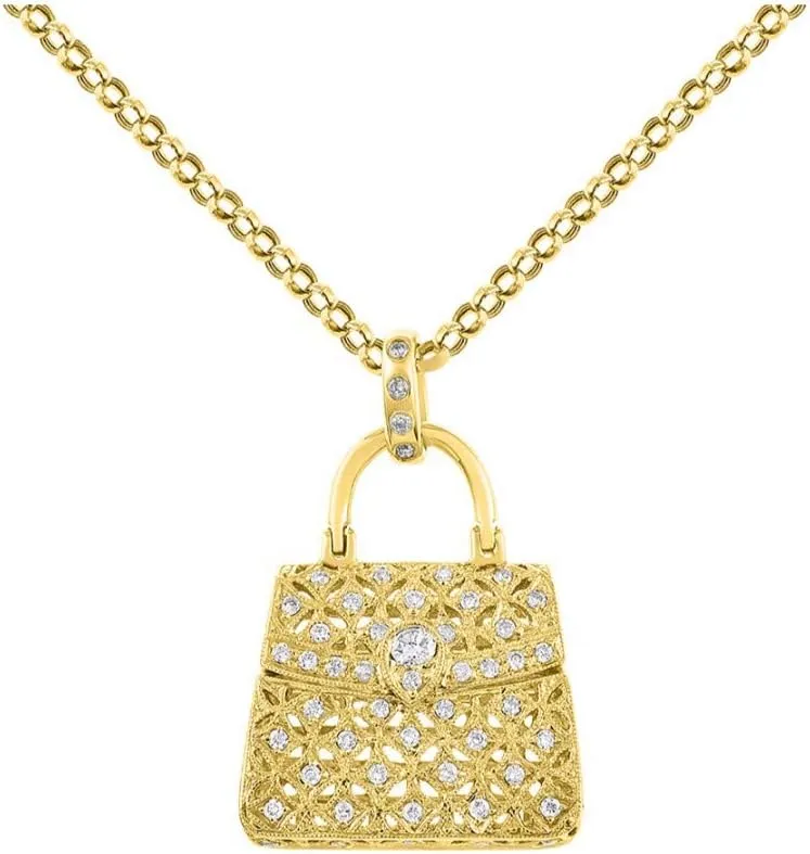 Rylos Great Conversation Starter Diamond Designer Purse Necklace in 14K Yellow Gold or 14K White Gold with 18" Solid Gold Chain