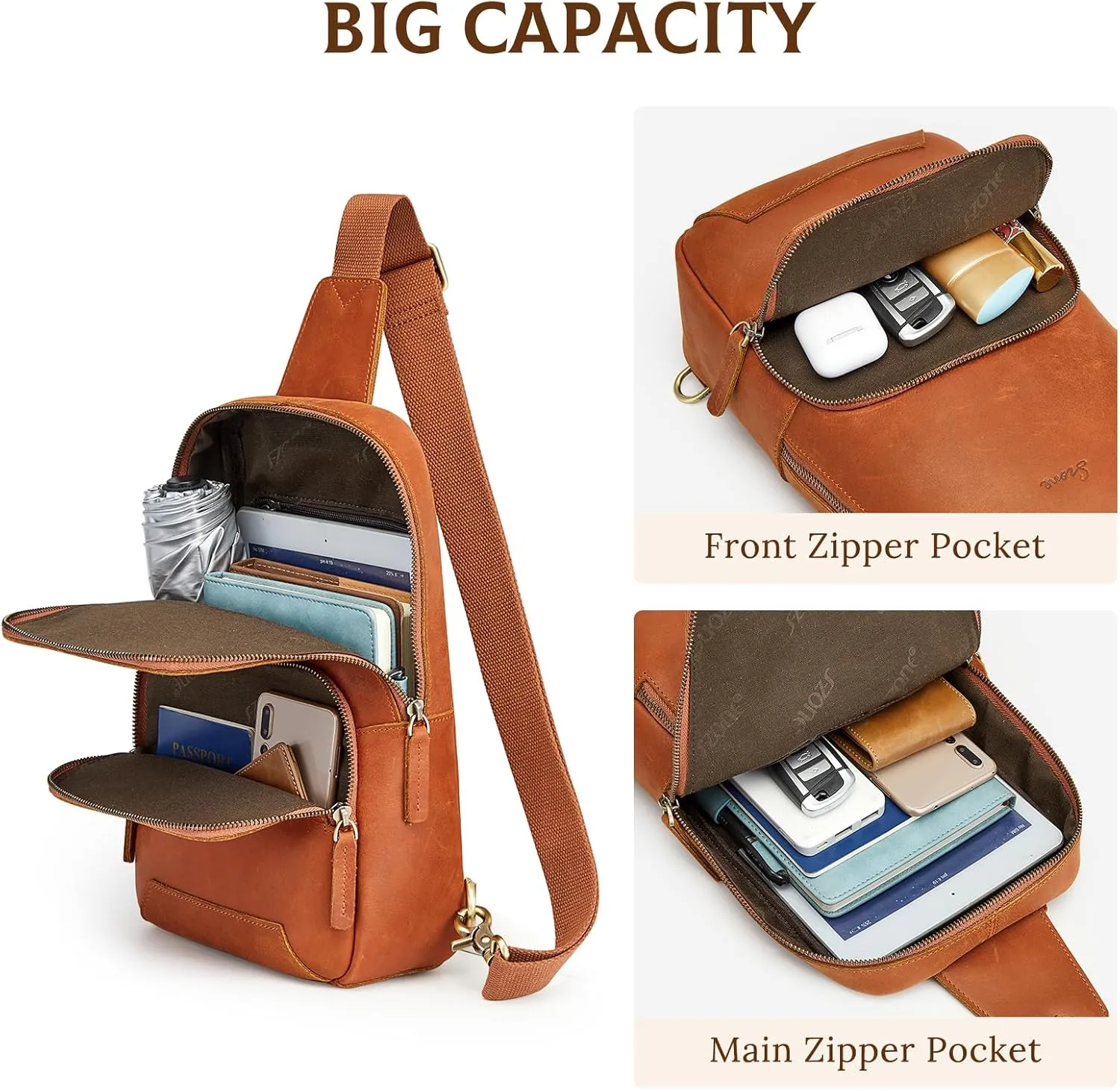 S-ZONE Sling Bag for Men Women RFID Blocking Genuine Leather Crossbody Shoulder Bag Backpack Hiking Daypack Travel