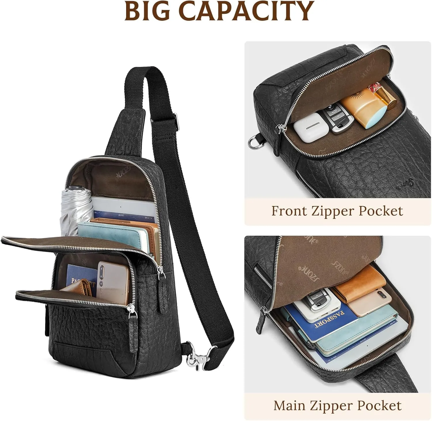 S-ZONE Sling Bag for Men Women RFID Blocking Genuine Leather Crossbody Shoulder Bag Backpack Hiking Daypack Travel