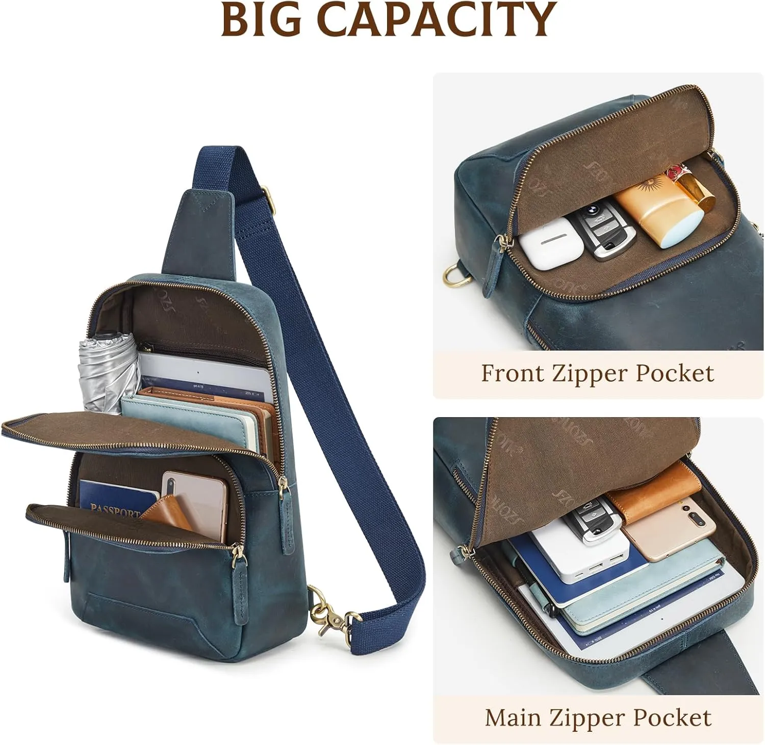 S-ZONE Sling Bag for Men Women RFID Blocking Genuine Leather Crossbody Shoulder Bag Backpack Hiking Daypack Travel