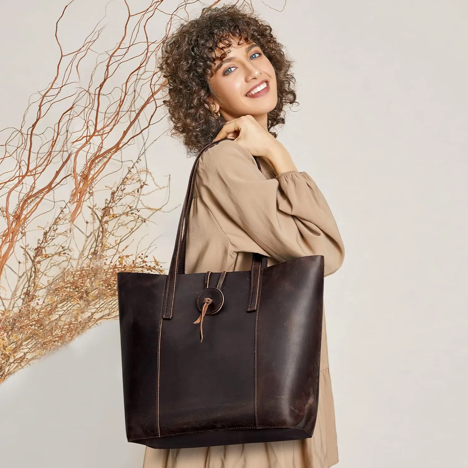 S-ZONE Vintage Genuine Leather Tote Bag for Women Large Shoulder Purse Handbag