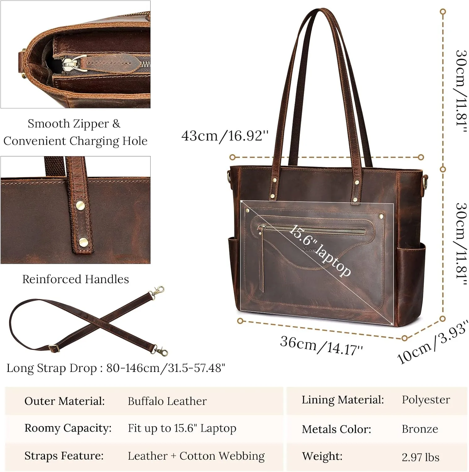 S-ZONE Women Genuine Leather Tote Bag Large Shoulder Purse Vintage Crossbody Work Handbag
