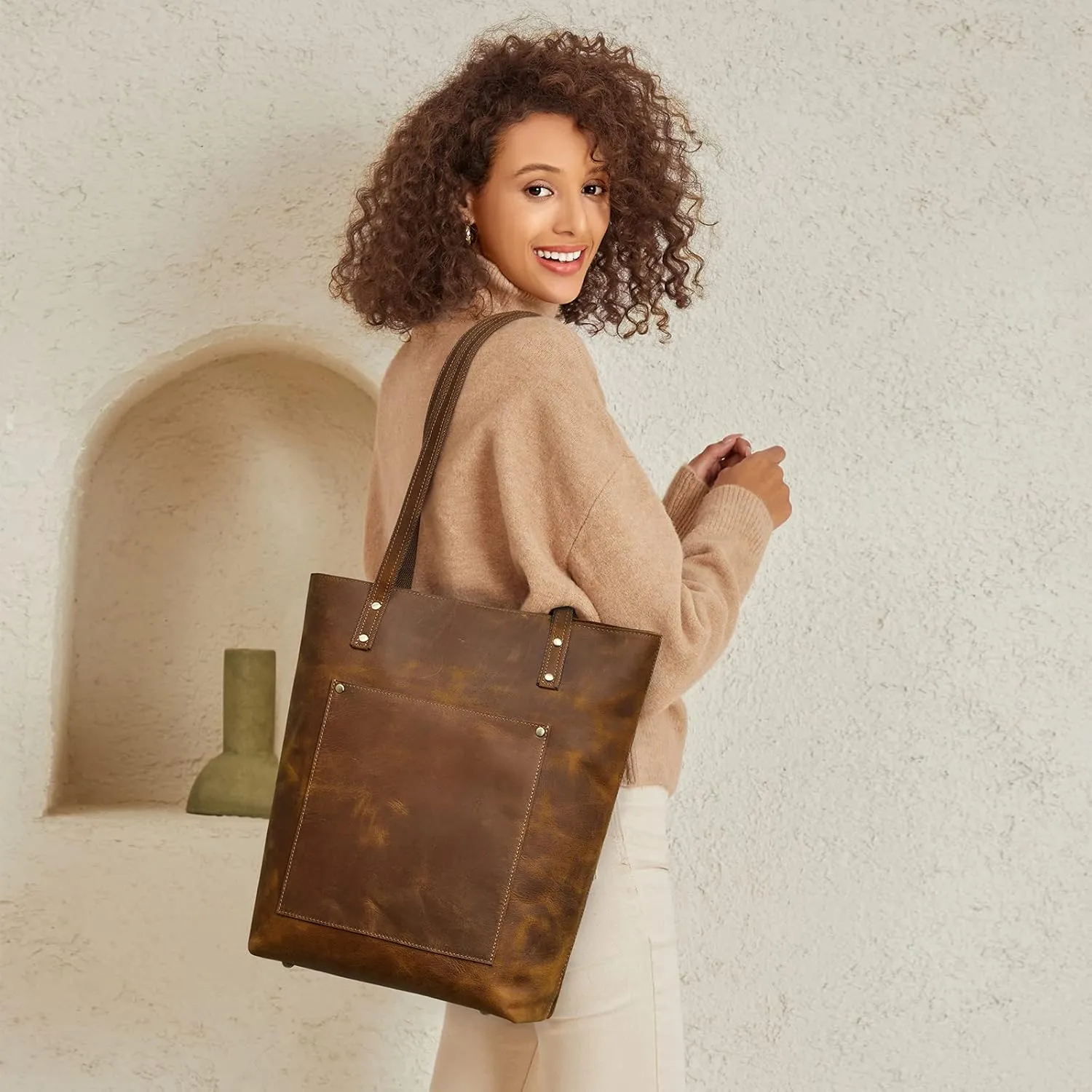 S-ZONE Women Vintage Genuine Leather Tote Bag Large Shoulder Purse Work Handbag