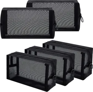 Sadnyy 5 Pieces Mesh Makeup Bag Portable Travel Cosmetic Bag Black Breathable Mesh Zipper Pouch for Home Offices Travel Accessories Organizer(8.3 x 4.7 x 3.1 Inch)
