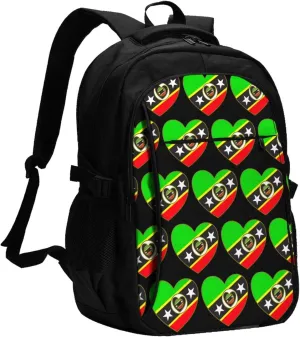 Saint Kitts Nevis Flag Business Laptop Backpack Travel Backpacks Outdoor Rucksack Large Bag Daypack with USB Charging Port Multi-Pocket for Hiking Camping