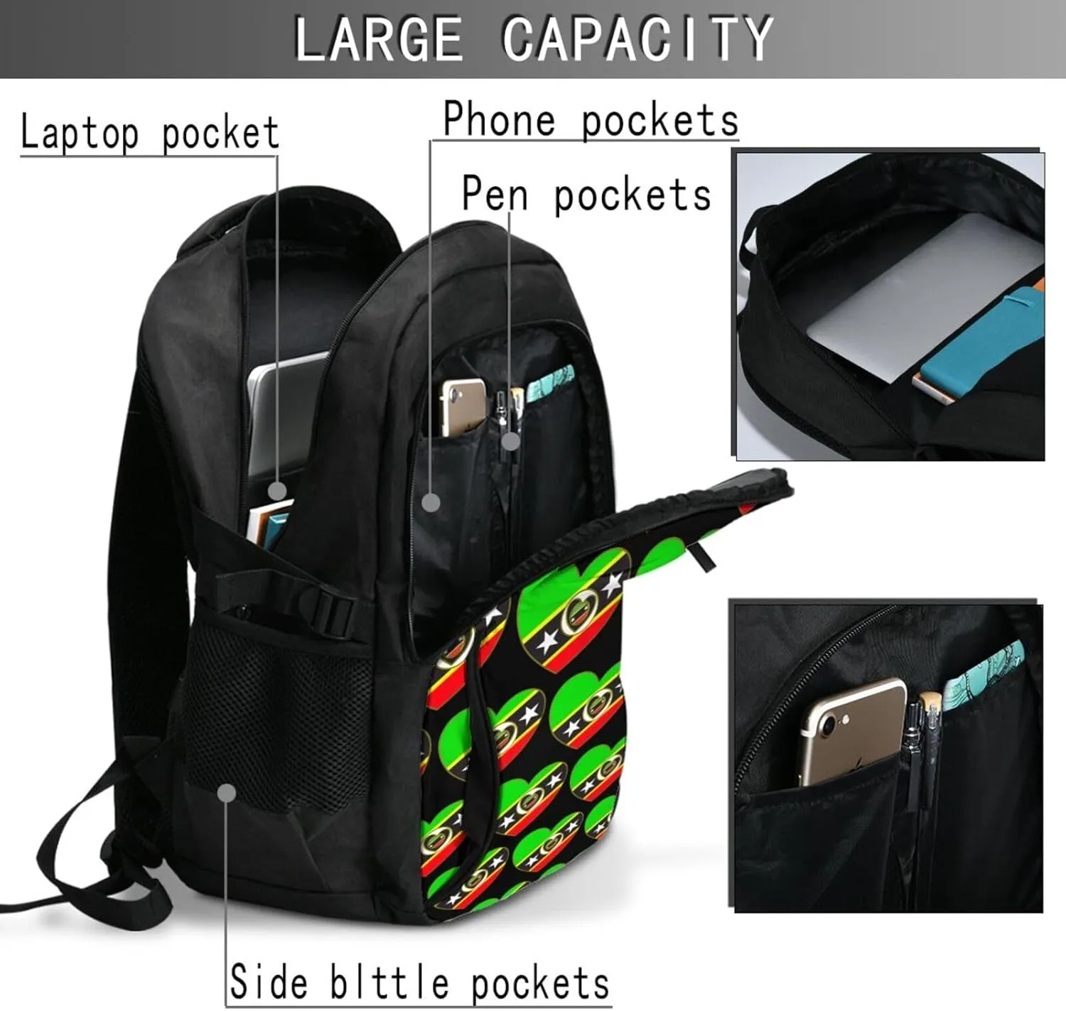 Saint Kitts Nevis Flag Business Laptop Backpack Travel Backpacks Outdoor Rucksack Large Bag Daypack with USB Charging Port Multi-Pocket for Hiking Camping