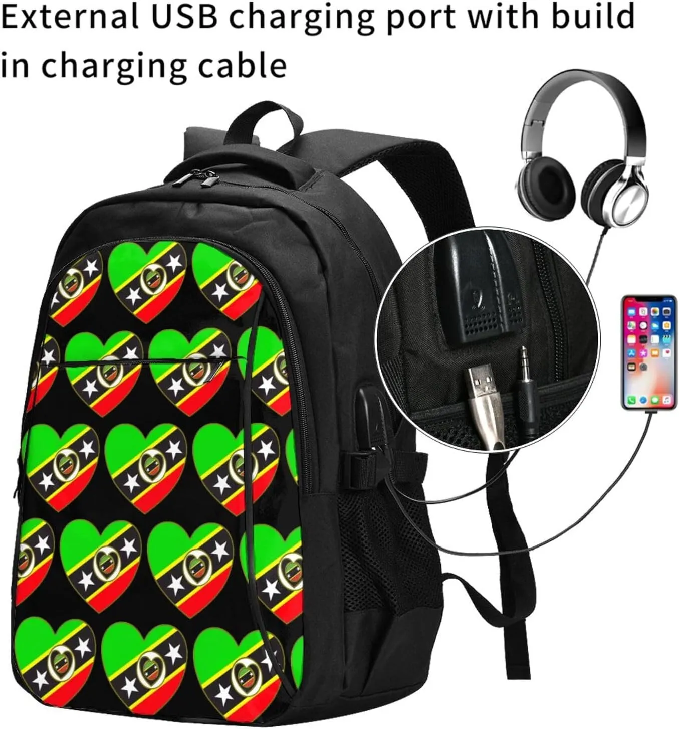 Saint Kitts Nevis Flag Business Laptop Backpack Travel Backpacks Outdoor Rucksack Large Bag Daypack with USB Charging Port Multi-Pocket for Hiking Camping