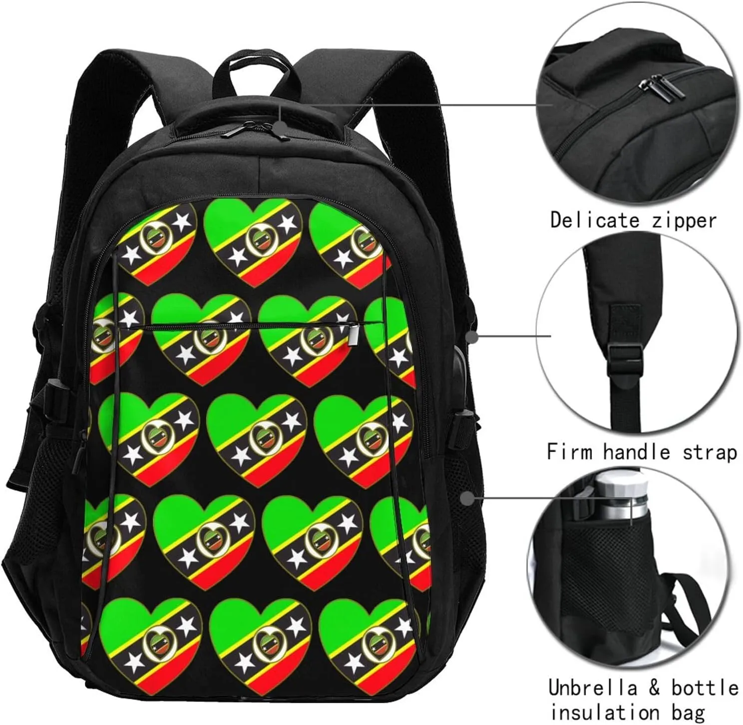 Saint Kitts Nevis Flag Business Laptop Backpack Travel Backpacks Outdoor Rucksack Large Bag Daypack with USB Charging Port Multi-Pocket for Hiking Camping