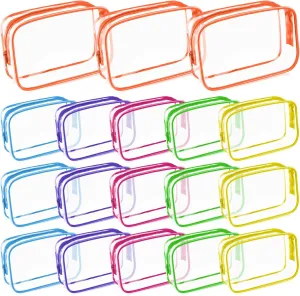 Saintrygo 18 Pack Clear Makeup Bags 7 x 5 PVC Cosmetic Bag Plastic Zippered Pouches Portable Toiletry for Women Men Travel Vacation Bathroom Organizing(Clear Color, Multicolor Border)