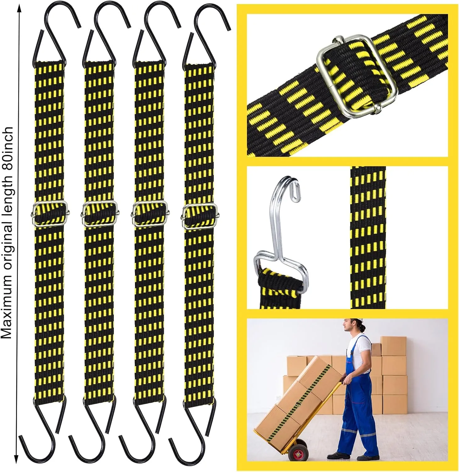 Saintrygo 8 Pcs 80 Inch Adjustable Flat Bungee Cords with Hook Heavy Duty Elasticity Long Bungee Straps 1 Inch Width Latex Straps Anti Rust Metal Buckle Luggage Rope (Yellow Black)