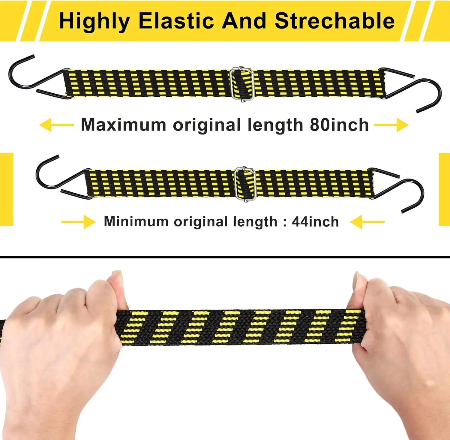 Saintrygo 8 Pcs 80 Inch Adjustable Flat Bungee Cords with Hook Heavy Duty Elasticity Long Bungee Straps 1 Inch Width Latex Straps Anti Rust Metal Buckle Luggage Rope (Yellow Black)