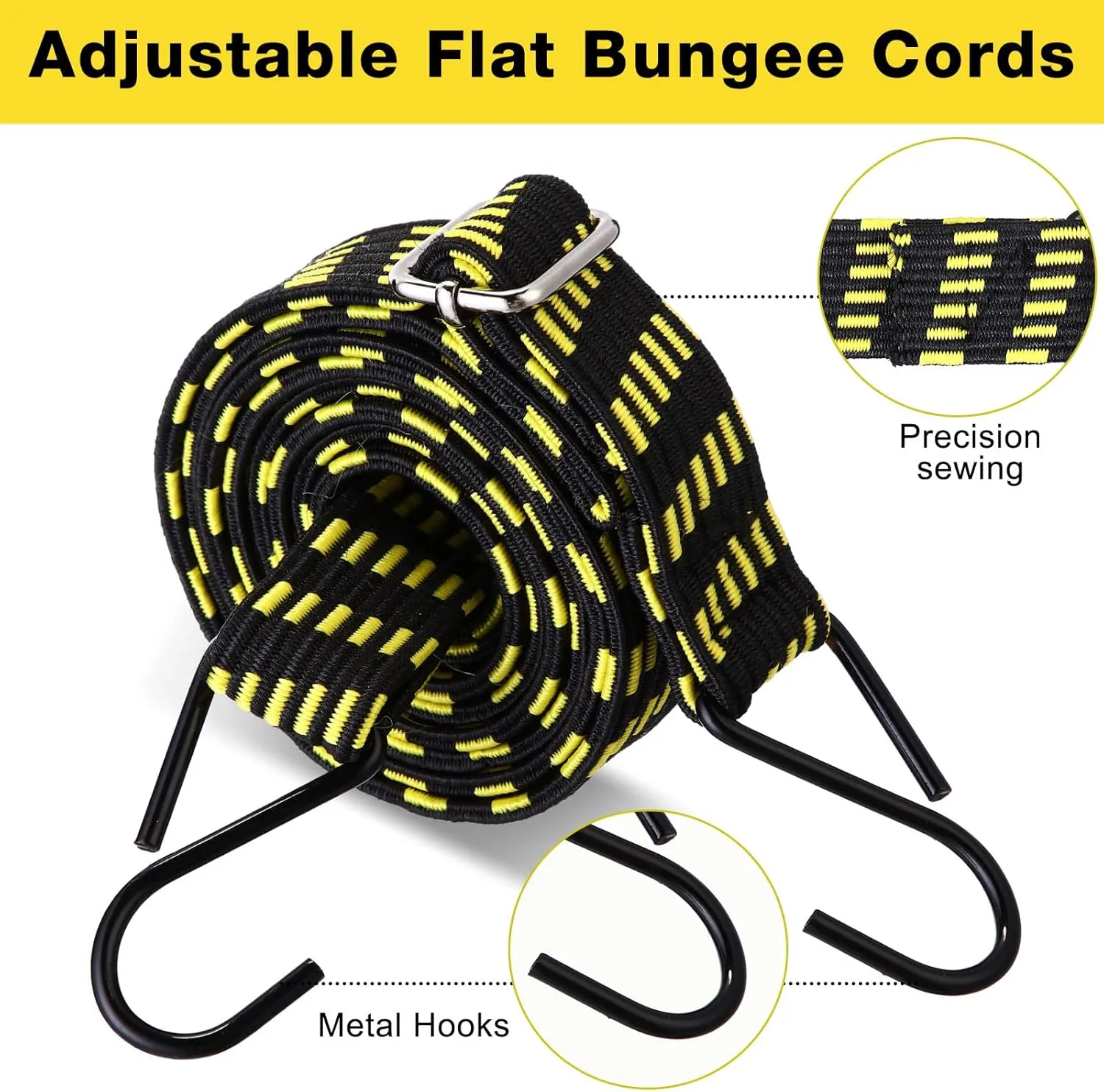 Saintrygo 8 Pcs 80 Inch Adjustable Flat Bungee Cords with Hook Heavy Duty Elasticity Long Bungee Straps 1 Inch Width Latex Straps Anti Rust Metal Buckle Luggage Rope (Yellow Black)
