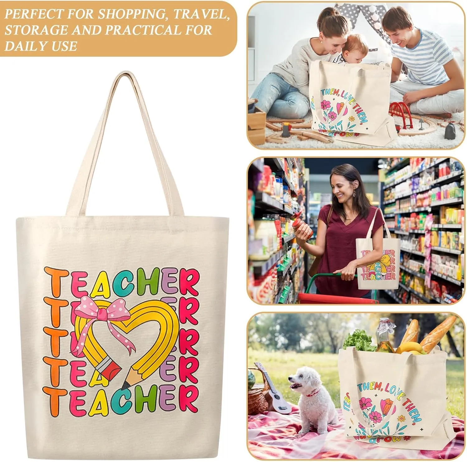 SAIWEILAI ONLINE 8 Pieces Teacher Canvas Totes Bag Teacher Appreciation Gifts Teacher of the Year Appreciation Gifts