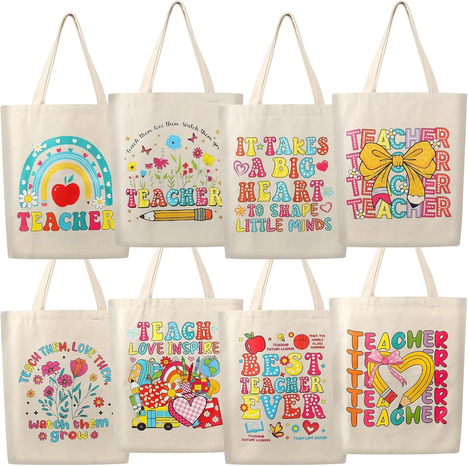 SAIWEILAI ONLINE 8 Pieces Teacher Canvas Totes Bag Teacher Appreciation Gifts Teacher of the Year Appreciation Gifts